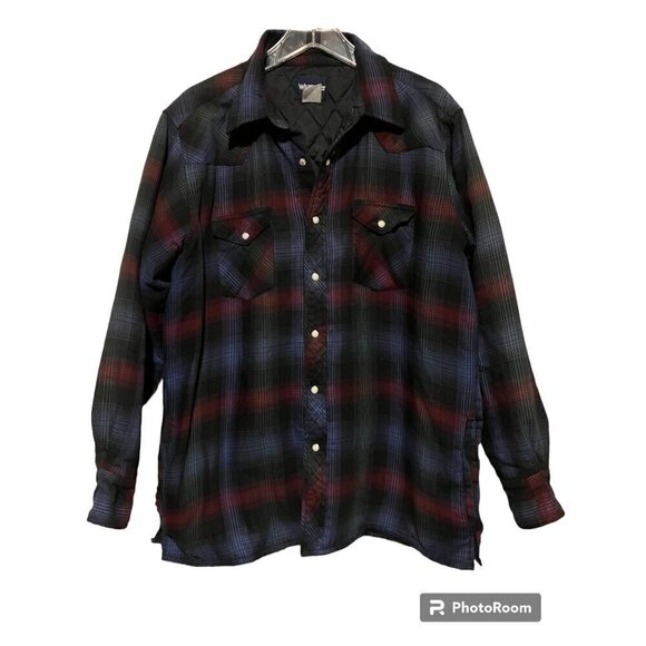 Vtg Wrangler Plaid Jacket 2X Shacket Quilted Pearl Snap Pockets Utility Chore - Picture 1 of 4